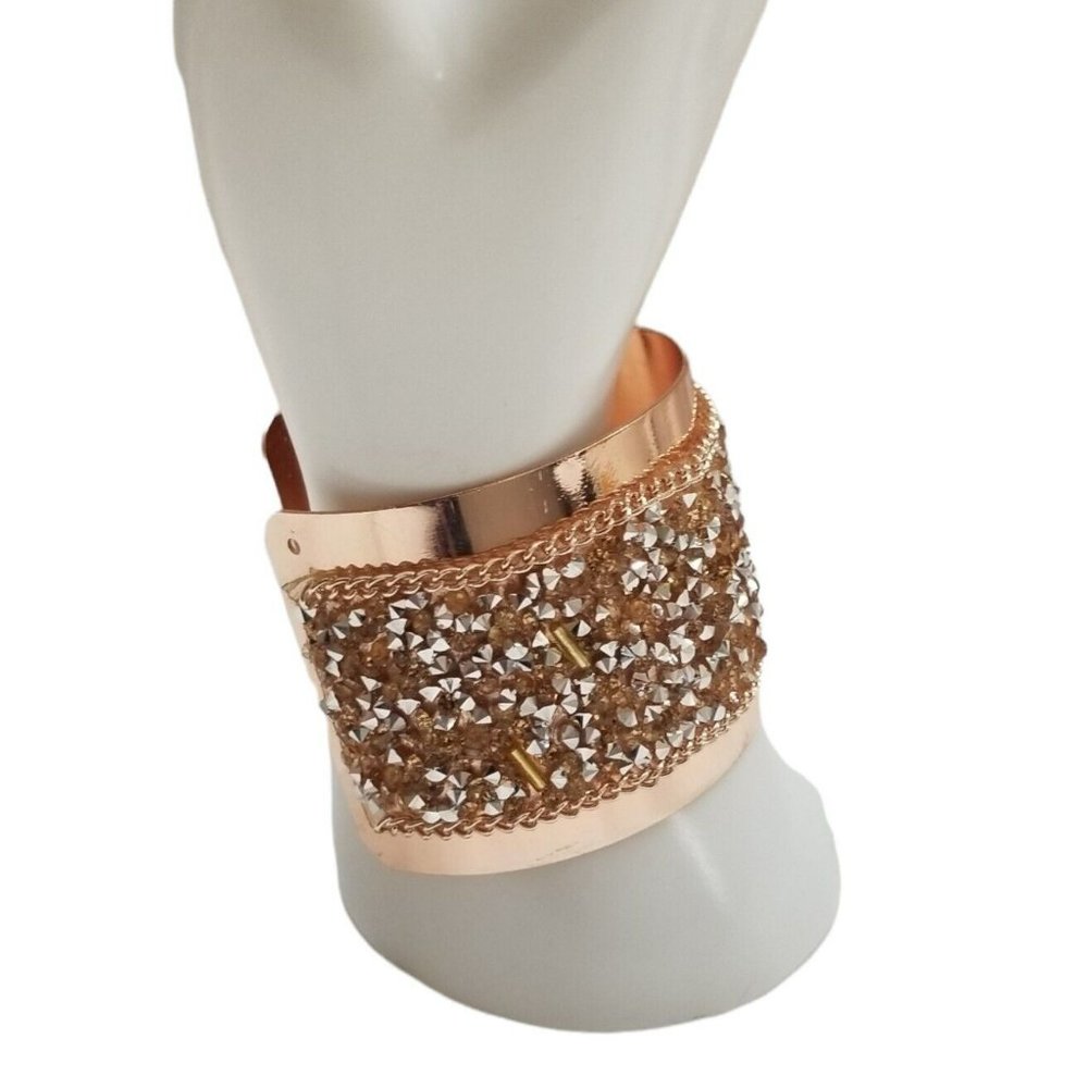 Copper Rose Gold Rhinestone Crush Glass Silver Studs Beaded Metal Cuff Bracelet - Picture 10 of 12
